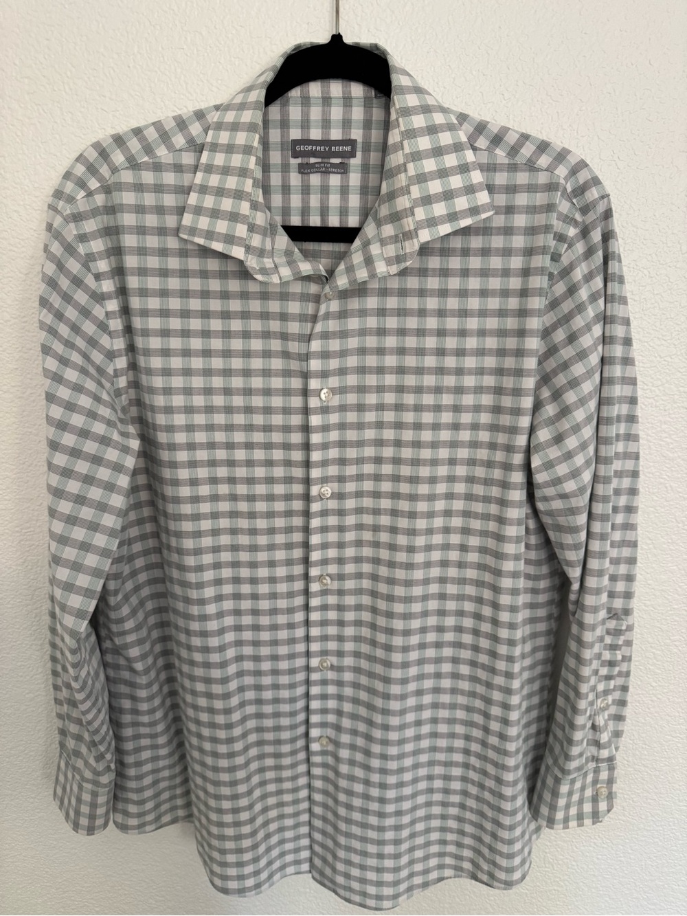 Geoffrey Beene Men's Green, Light Gray and White Checked Dress Shirt